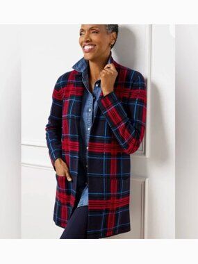 Talbots Merino Wool Navy & Red Plaid Coatigan Sweater Jacket